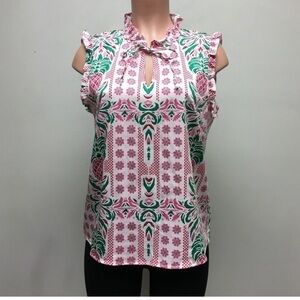 🇪🇸🐠New Charter Club Tropical Pineapple Blouse sleeveless ruffle Preppy Beachy